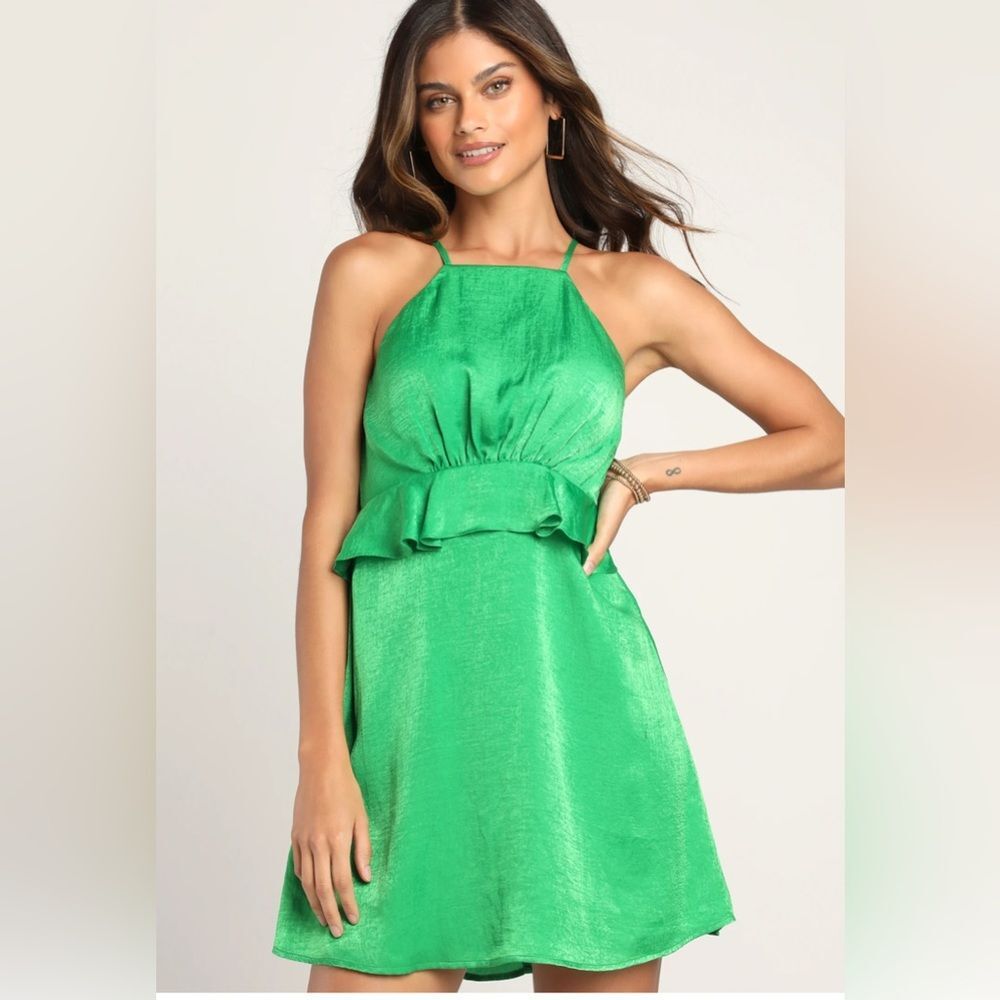 Lulus Looking Luxe Green Satin Peplum Flounce Mini Dress Size XS - Picture 2 of 10